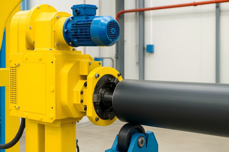 Give me a brighter picture of a large machine chamfering a plastic pipe.